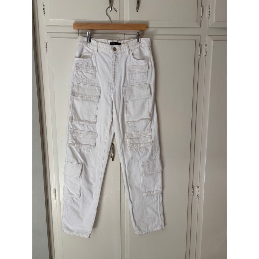 Maje White Denim Multi Pocket Cargo Pants High Waisted Straight Leg Size 38 US 6